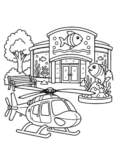 Helicopter outside a city aquarium with a large fish sculpture, rocky pedestal, bench, leafy tree, and sea-life facade.