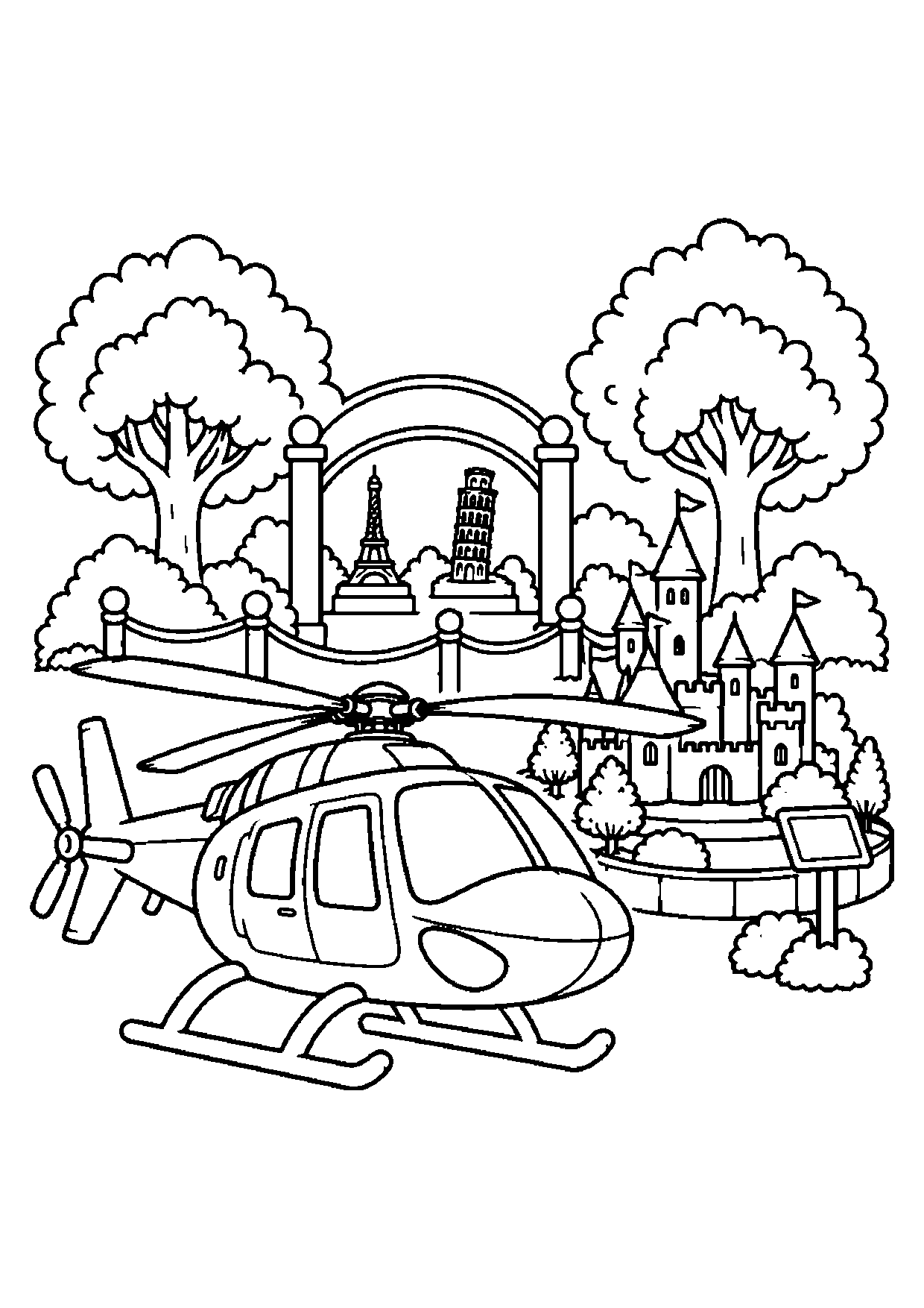 Helicopter at a miniature park with a small castle model, raised display, trees, shrubs, rope barriers, and tiny landmarks.