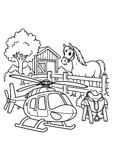 Helicopter beside a riding school paddock with a horse, wooden fence, stable, saddle stand, tree, and bushes.