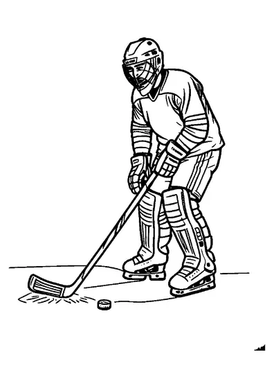 Un portiere di hockey su ghiaccio con casco e protezioni sta sul ghiaccio con la mazza vicino al disco, con ampie aree da colorare.
