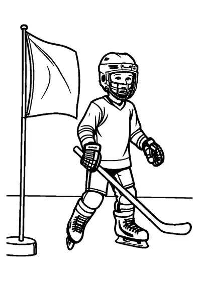 Um jovem hockeista com capacete e proteções anda de patins, segurando um stick ao lado de uma grande bandeira de treino.