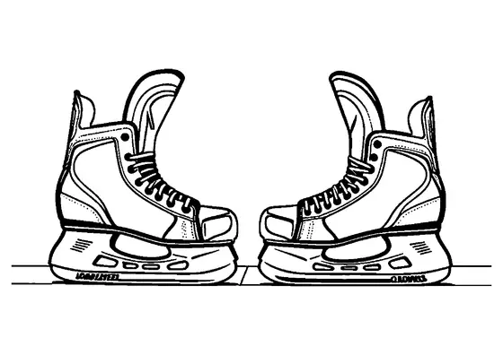 Dois patins de hóquei colocados um em frente ao outro num rinque de gelo com campos brancos e limpos para colorir os cadarços, a língua e as lâminas.