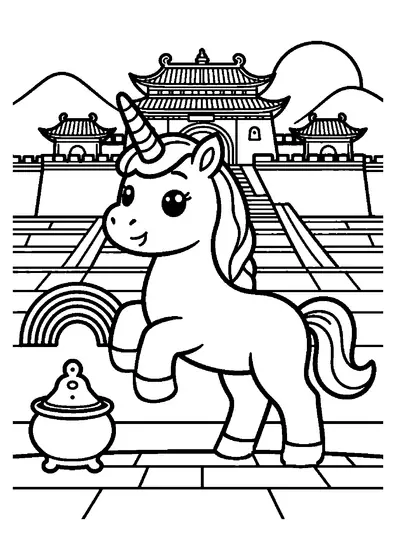 A unicorn climbs broad steps toward a mountain monastery at night, with a rainbow nearby.