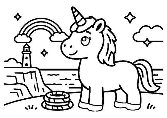 Une licorne contemple depuis une falaise l’arc-en-ciel qui s’étend au-dessus de la mer.