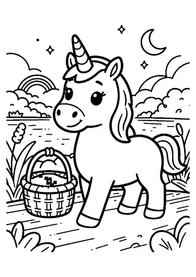 Une licorne avance sur une passerelle en bois au milieu des roseaux, sous un arc-en-ciel.