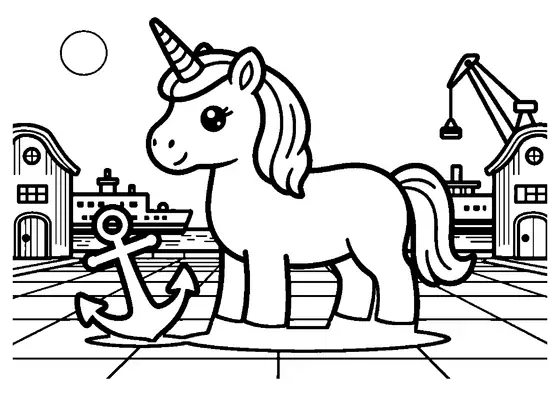A unicorn stands beside a rainbow and a large anchor in a harbor square at night.