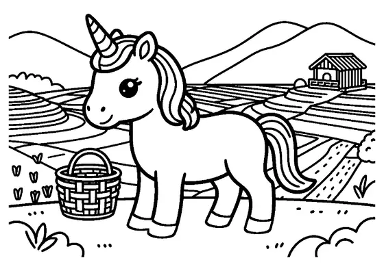 A unicorn walks beneath a rainbow across rice terraces at night.