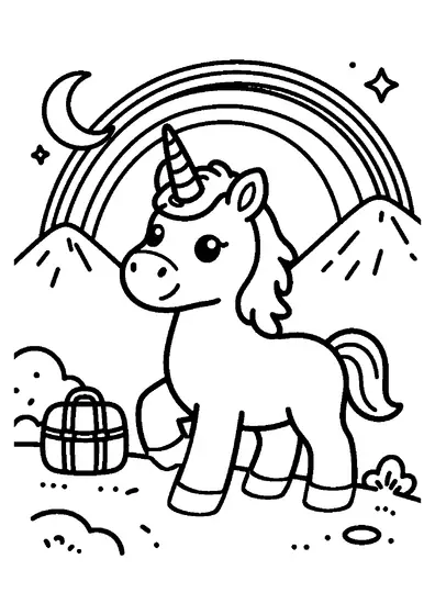 Une licorne gravit un sentier de montagne sous un arc-en-ciel et des étoiles.