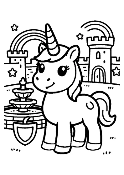 Une licorne se tient près d’une fontaine dans la cour d’un château, sous un arc-en-ciel.