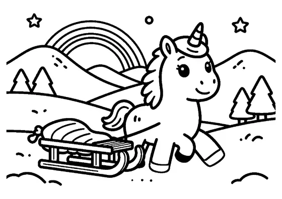 Une licorne avance sur une pente enneigée sous un arc-en-ciel et un ciel nocturne étoilé.