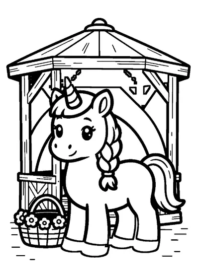 Un unicornio está junto a un templete de madera bajo un cielo con arcoíris, en un entorno de bosque.
