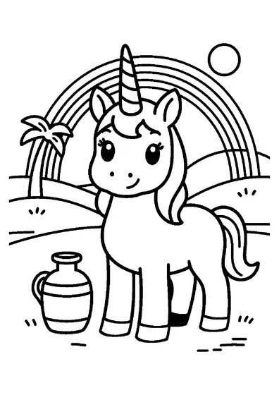 Une licorne se repose près d’une oasis, sous un grand arc-en-ciel et la lune.