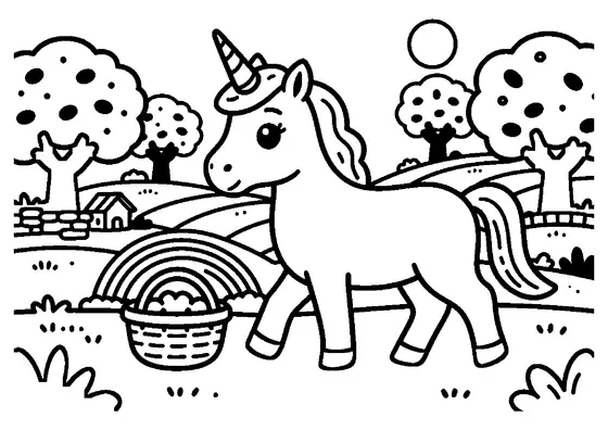 A unicorn with a braided tail walks beneath a rainbow among terraced olive groves at night.