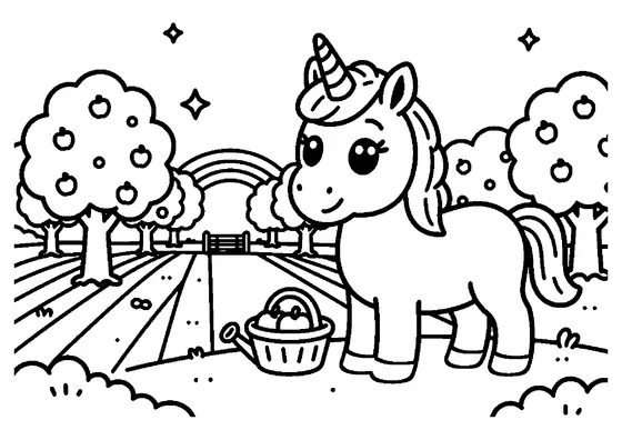 Une licorne se tient entre des pommiers, un panier de fruits et un large arc-en-ciel.