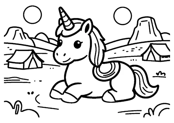 Un unicornio descansa bajo el arcoíris nocturno entre tiendas de campaña en el desierto.