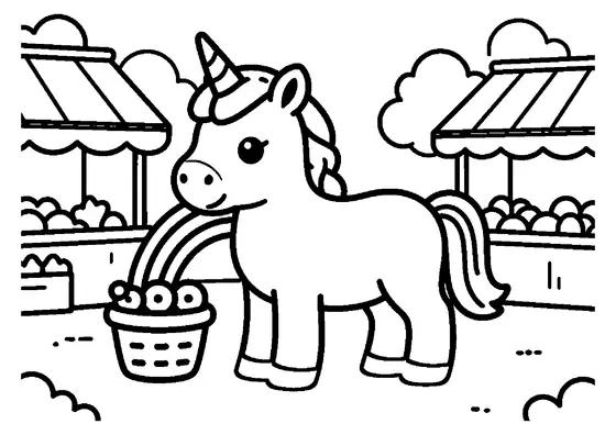 A unicorn stands beside a rainbow-shaped arch in an empty covered market at night.