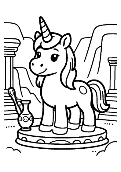 A unicorn on a rocky alabaster platform beside a chisel and decorative vase.