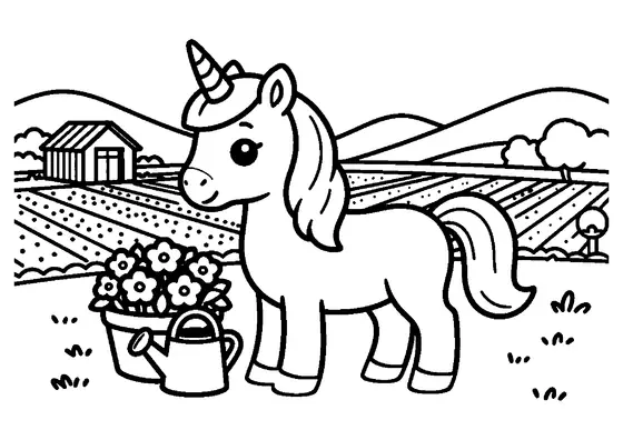 Un unicornio sonriente junto a una cesta y una regadera en un campo de lavanda.