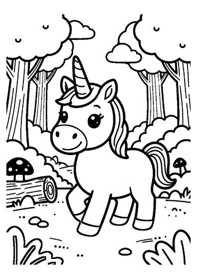 A unicorn walking down a forest trail near large mushrooms and a tree trunk.