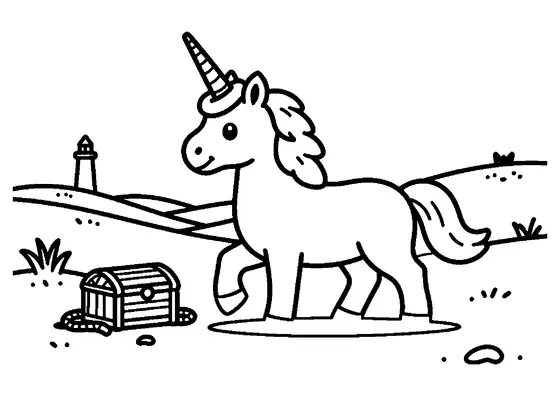 A unicorn on a seaside dune covered with grasses swaying in the ocean breeze.