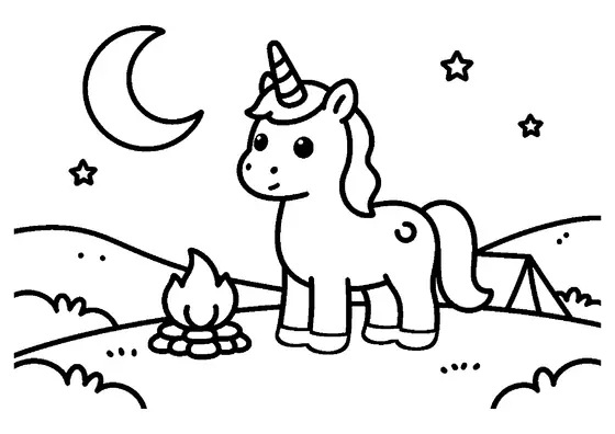 Une licorne se tient près d’un feu de camp entouré de pierres et d’une tente simple, sous les étoiles.