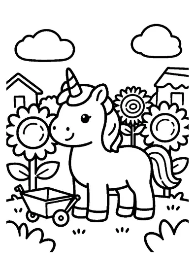 Une licorne devant de hauts tournesols, près d’une brouette en bois et d’une étrille.