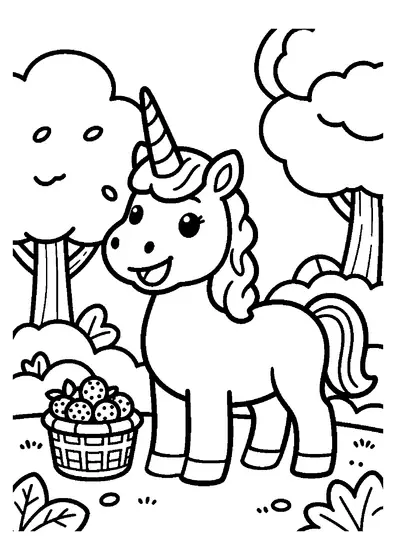 Un unicornio junto a una cesta de frambuesas en un matorral de frambuesas silvestres.