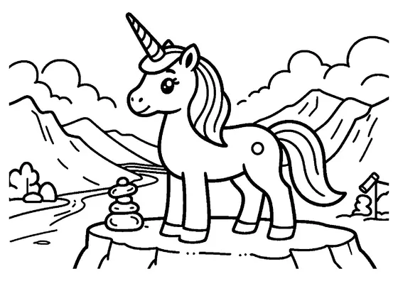 A unicorn standing on a high rocky ledge and looking across a vast green valley.