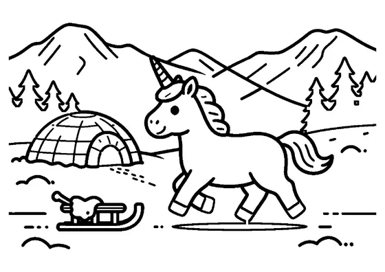 A unicorn trots through the snow beside an igloo, with a sled in the foreground.