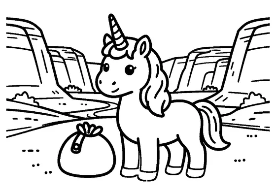 A unicorn stands on a sandy trail surrounded by dramatic red sandstone canyons.