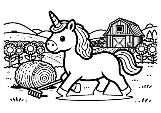 A cheerful unicorn trots beside haystacks and tall sunflowers in the countryside.