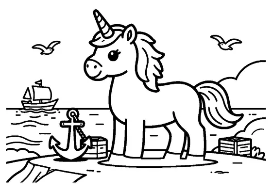 Ein Einhorn blickt von einer hellen Kreideklippe auf die Wellen des Meeres.