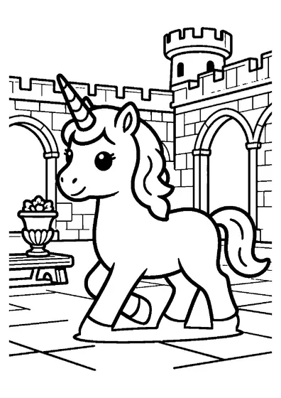 Ein Einhorn spaziert zwischen steinernen Bögen und Arkaden durch den Innenhof eines Schlosses.