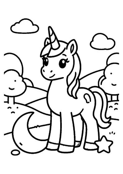 A unicorn standing on a hill beside a large crescent moon and a starry rock.
