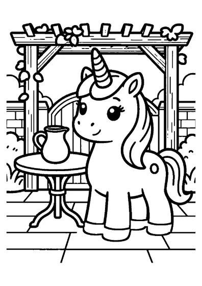 A unicorn stands beneath a wooden pergola covered in leafy vines beside a garden table.