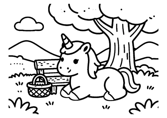 Une licorne est couchée près d’un banc en bois et d’un panier de pique-nique, sous un grand chêne.