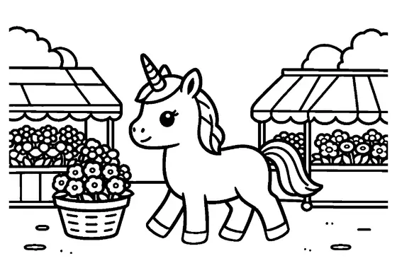 Une licorne près de grands paniers de fleurs sous les arcades d’un marché.