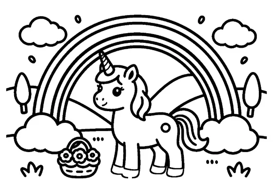 A unicorn standing beneath a wide rainbow next to a large cloud and a basket of flowers.
