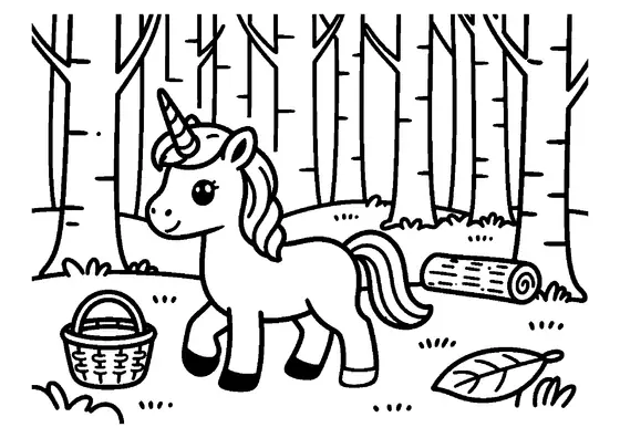 Um unicórnio passeia por um bosque de salgueiros perto de uma cesta grande.