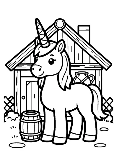 Un unicornio de pie junto a una casita de madera de jardinero con una regadera y un cubo.