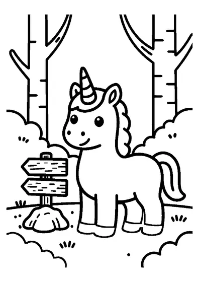 Une licorne sur un sentier forestier, près d’un panneau en bois muni de flèches directionnelles.