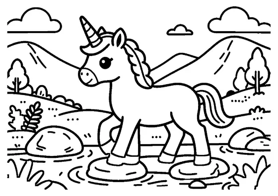 A unicorn stepping on stones near a stream surrounded by ferns and a large boulder.