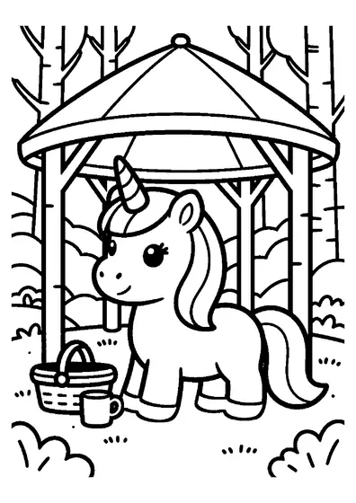 A unicorn standing beside a charming gazebo made from birch logs in the forest.