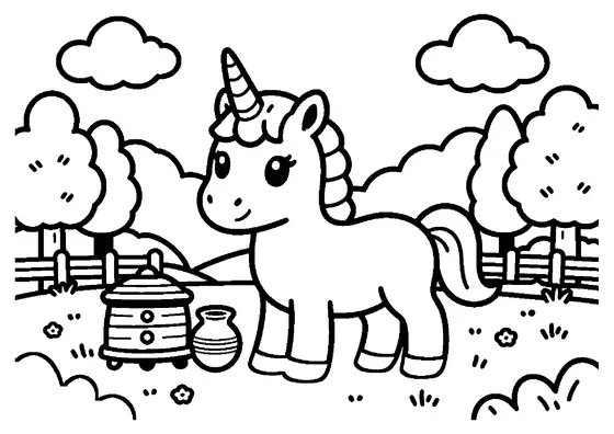 Une licorne se tient près d’une ruche en bois et d’une cruche en terre cuite, à l’orée d’une clairière fleurie.