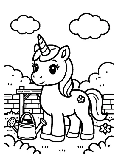 Une licorne se tient près d’une tonnelle en bois et d’un arrosoir décoratif, dans une clairière fleurie.