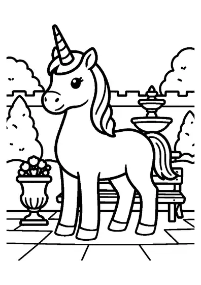 A unicorn standing beside a stone pool with water spraying from a fountain.
