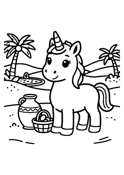 Un unicornio junto a una jarra y una cesta de dátiles en un oasis entre dunas.