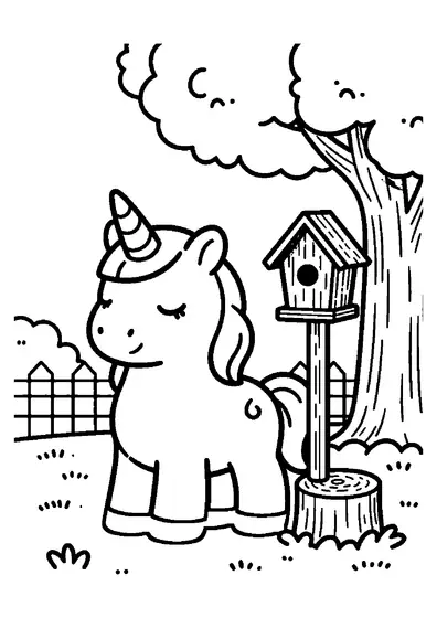 Un unicorno sdraiato accanto a casette di legno per uccelli in un parco.