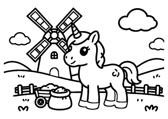 Une licorne sur une colline, près d’une charrette en bois et d’un sac de céréales, devant un moulin.