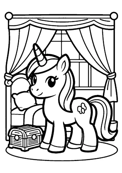 A unicorn beside a large canopy bed in an ornately decorated palace bedroom.